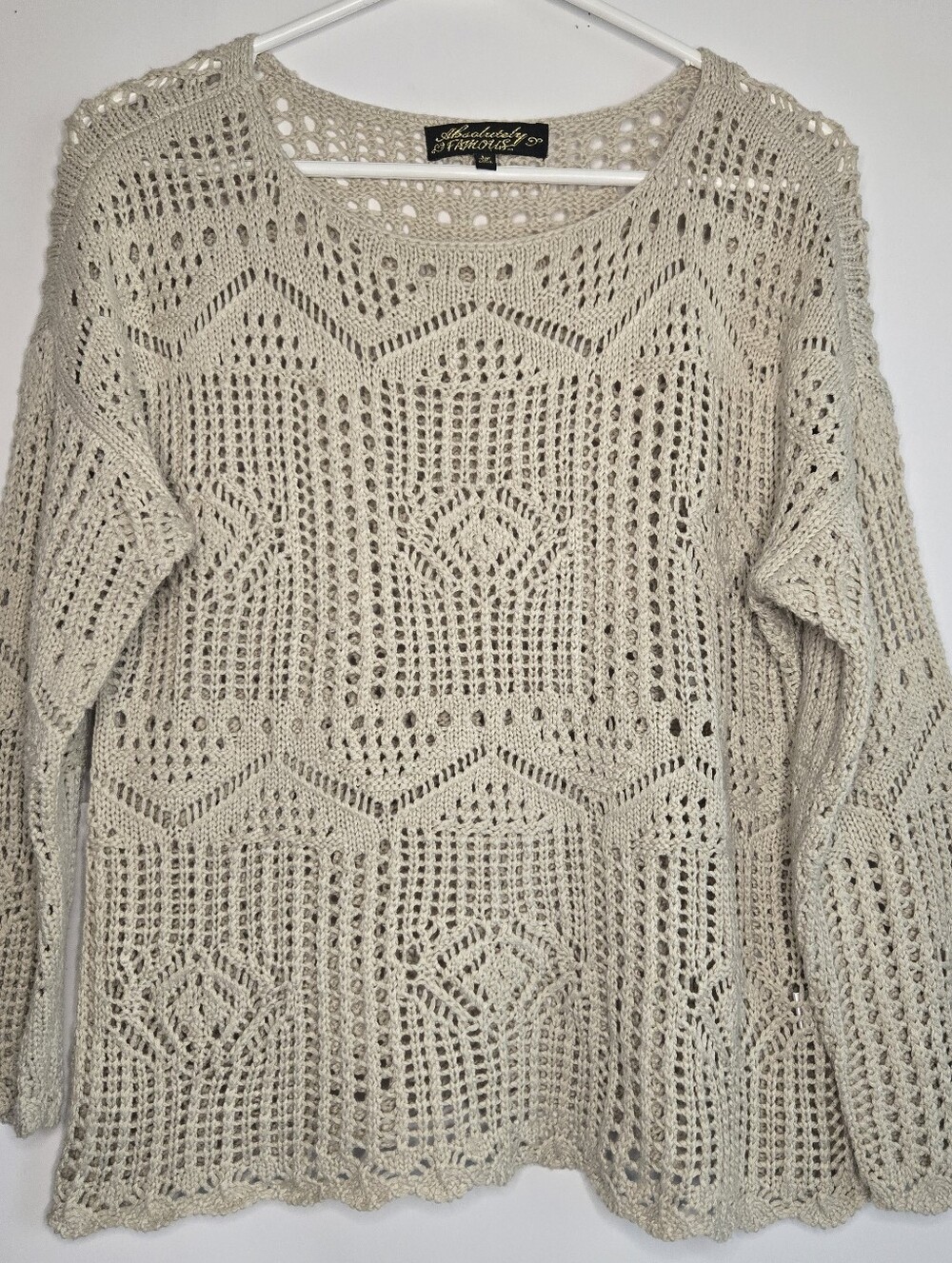 Absolutely Famous Women's beige Boho style crochet open knit sweater Size L